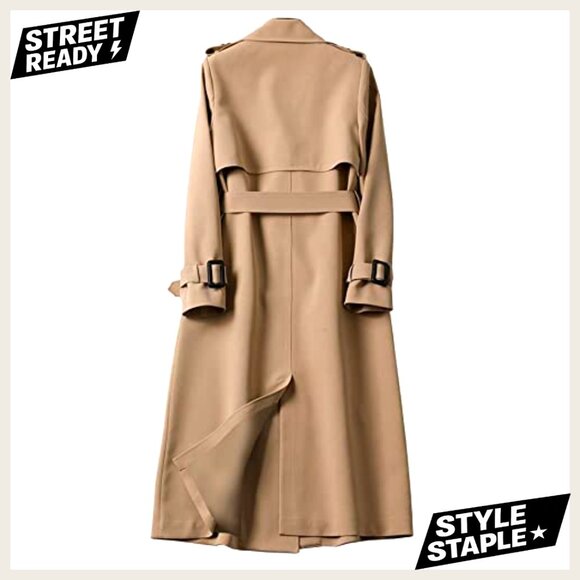 Women's Long Trench Coat Double Breasted Belted Windproof Polyester Outerwear - Picture 2 of 5